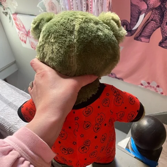 Build a bear zombie bear Green Plush Bear with Orange Pumpkin Pajamas - Picture 3 of 4